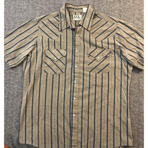 Ely Cattleman Shirt Mens X-Large Beige Stripe Short Sleeve Pearl Snap Western